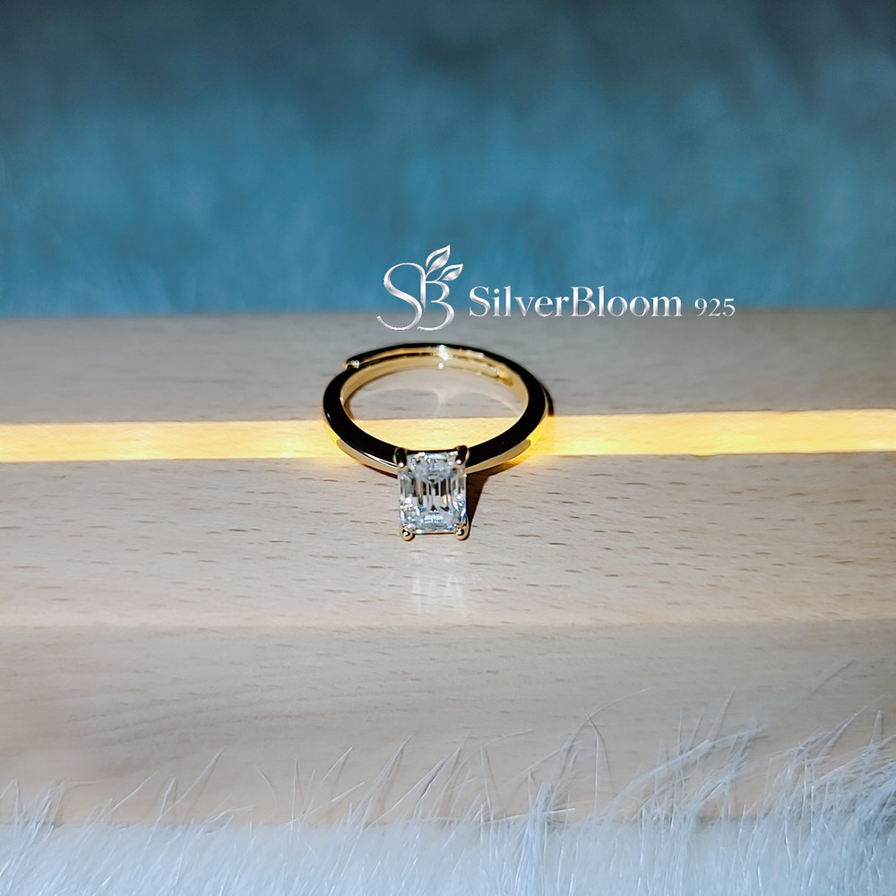 Adjustable Emerald Cut Moissanite Solitaire Ring - 14K Gold Plated 925 Silver